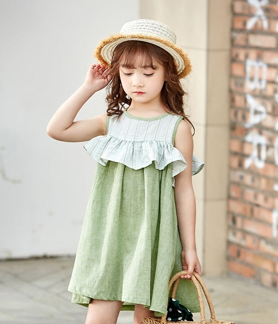 Sleeveless ruffled girls stitching dress
