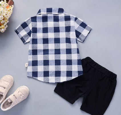 Summer Short Sleeve Suit Plaid Lapel Two-piece Baby Clothes
